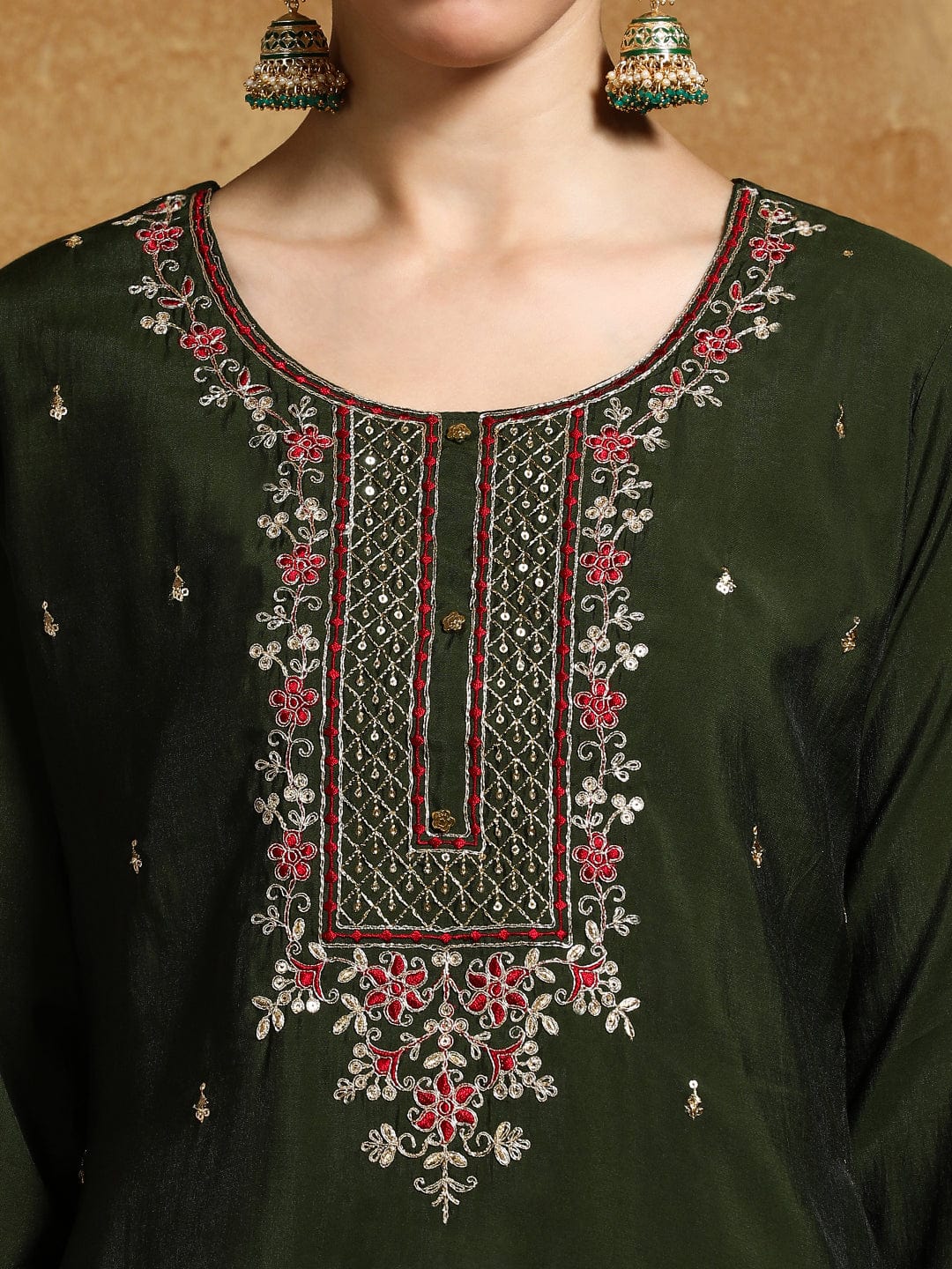 KF Zari Embroidered Yoke with All Over Floral Motif Buta Kurta with Trouser & Dupatta