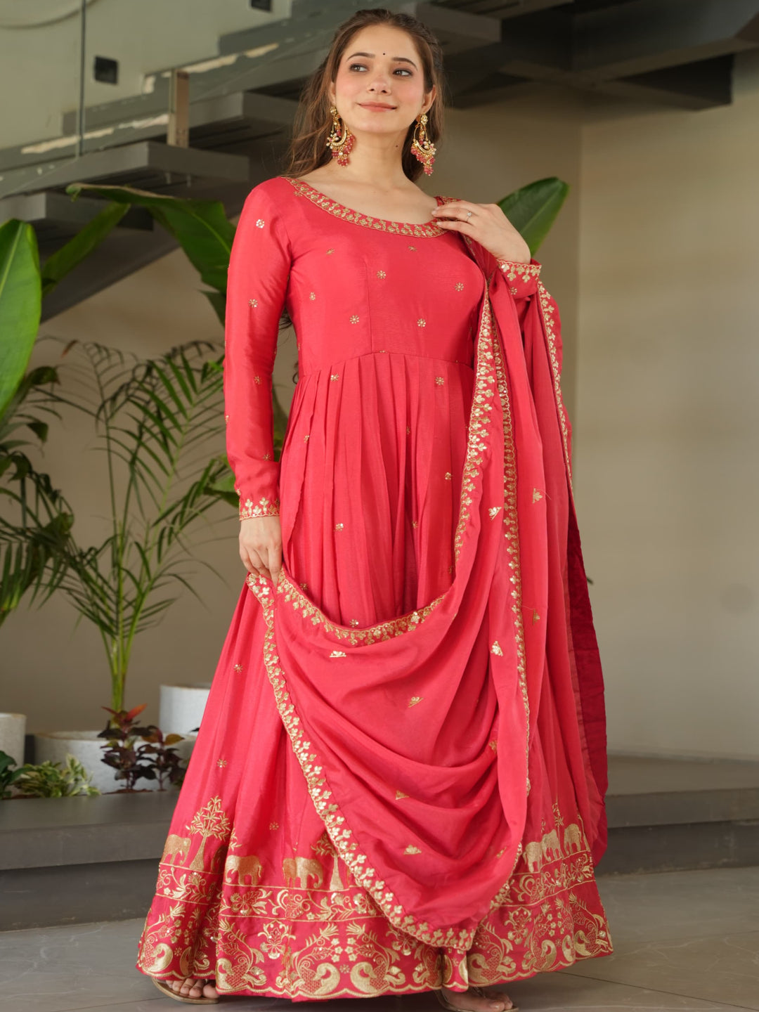 ES Designer Gown Chinnon Fabric With Embroidery, Zari & Sequin Work