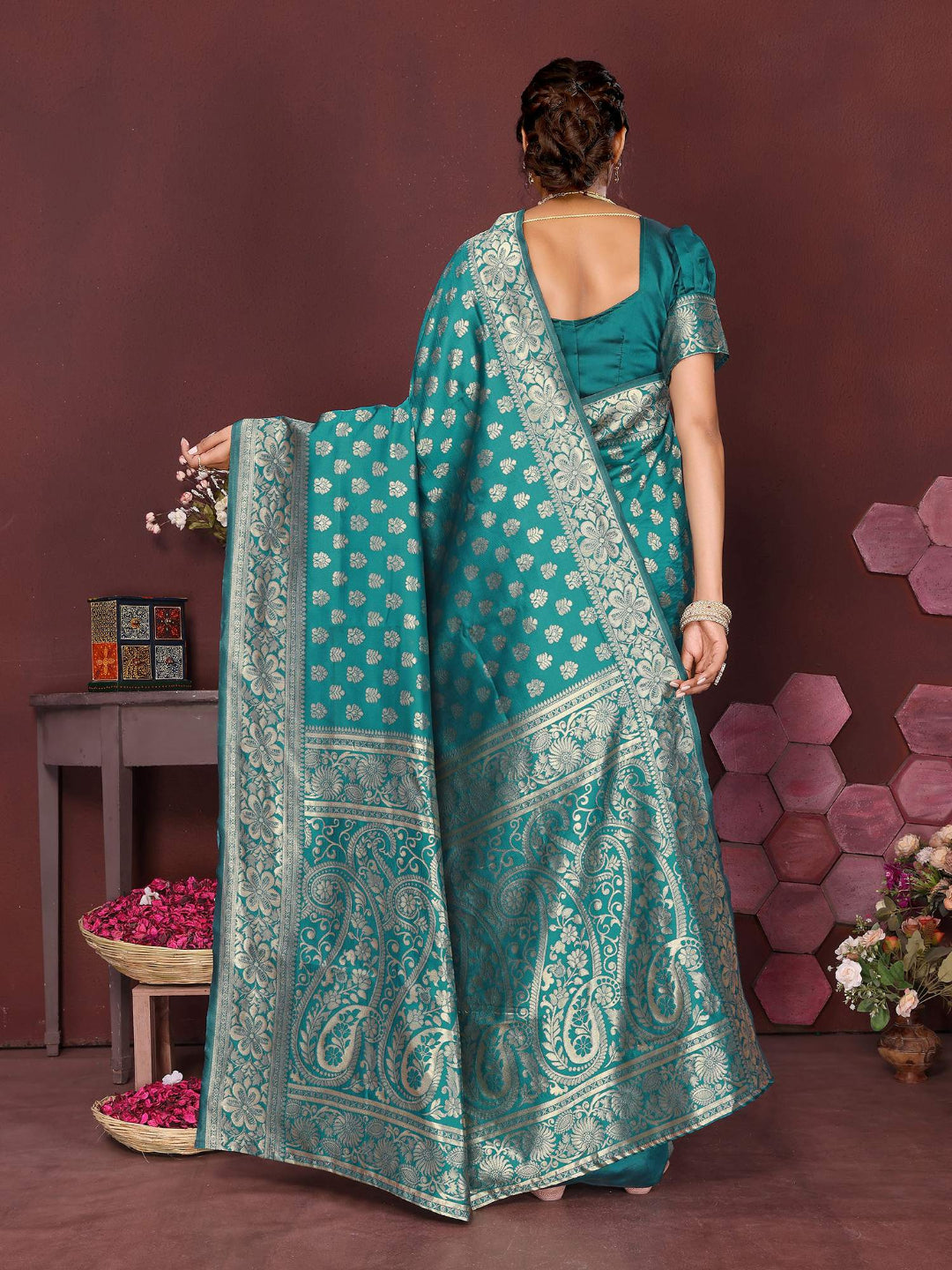 KF Aqua Blue & Maroon Banarasi Silk Woven Design Kanjeevaram Saree