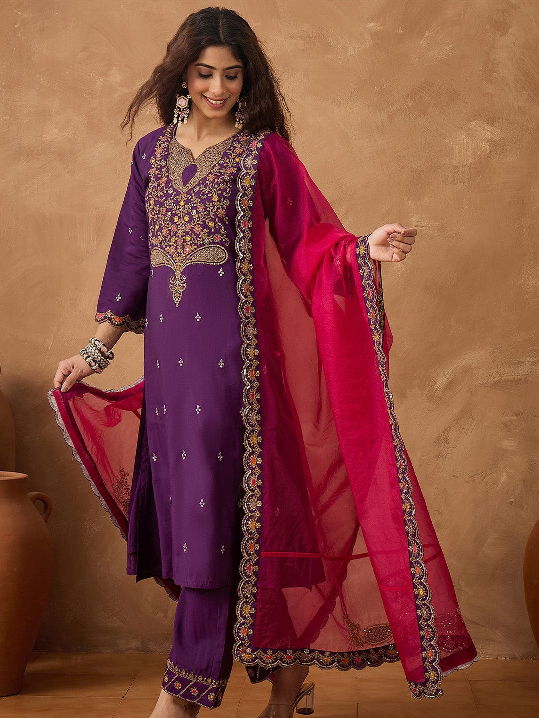 KF Zari Embroidered A line kurta With Trouser & contrast Dupatta