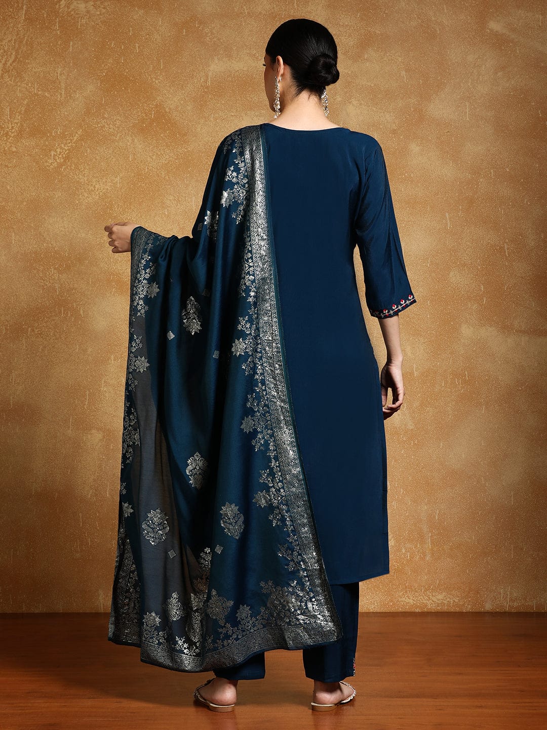KF Zari Embroidered Yoke with All Over Floral Motif Buta Kurta with Trouser & Dupatta