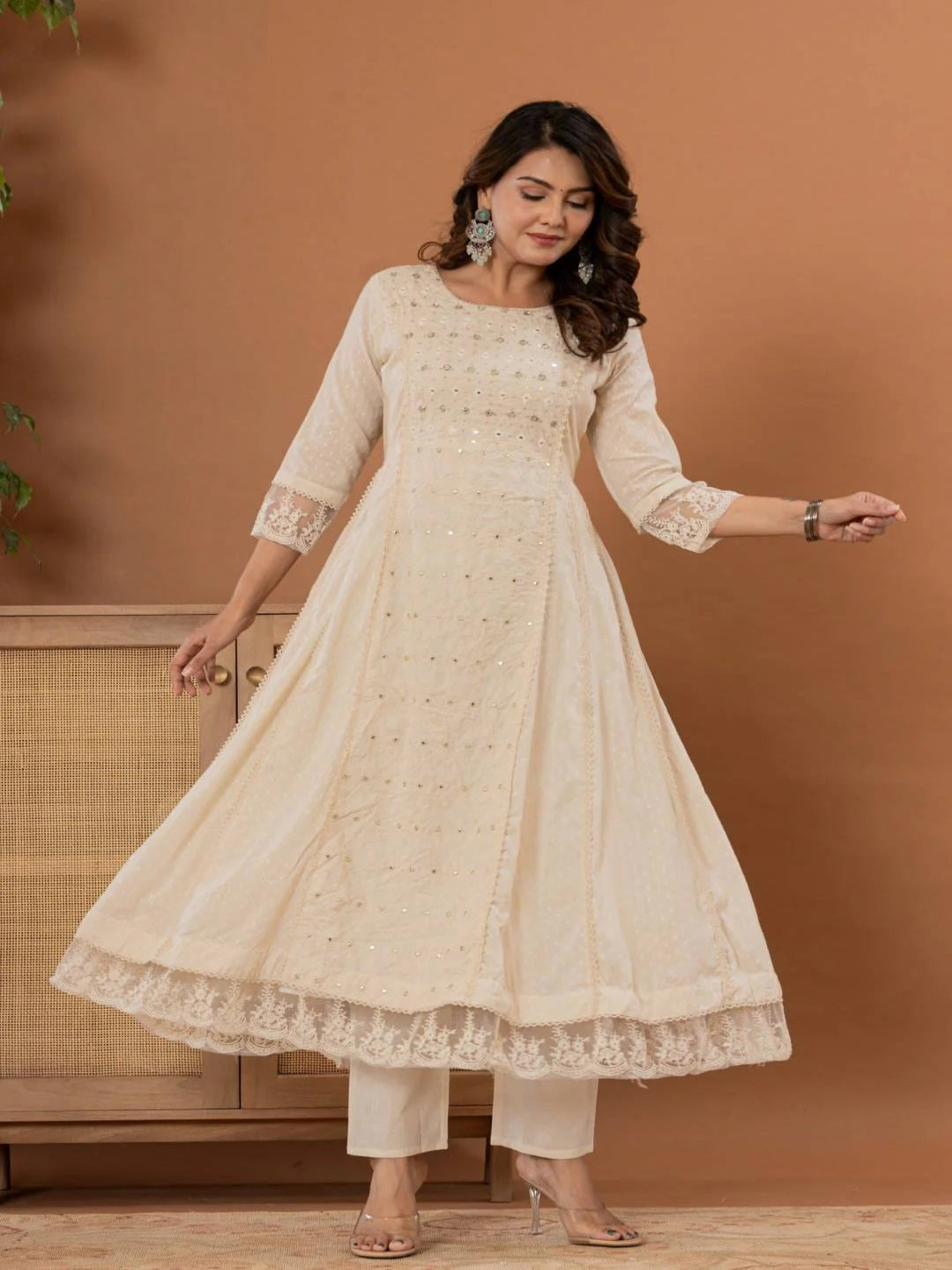KF Women Embroidered Panelled Mirror Work Pure Cotton Kurta with Trousers & Dupatta