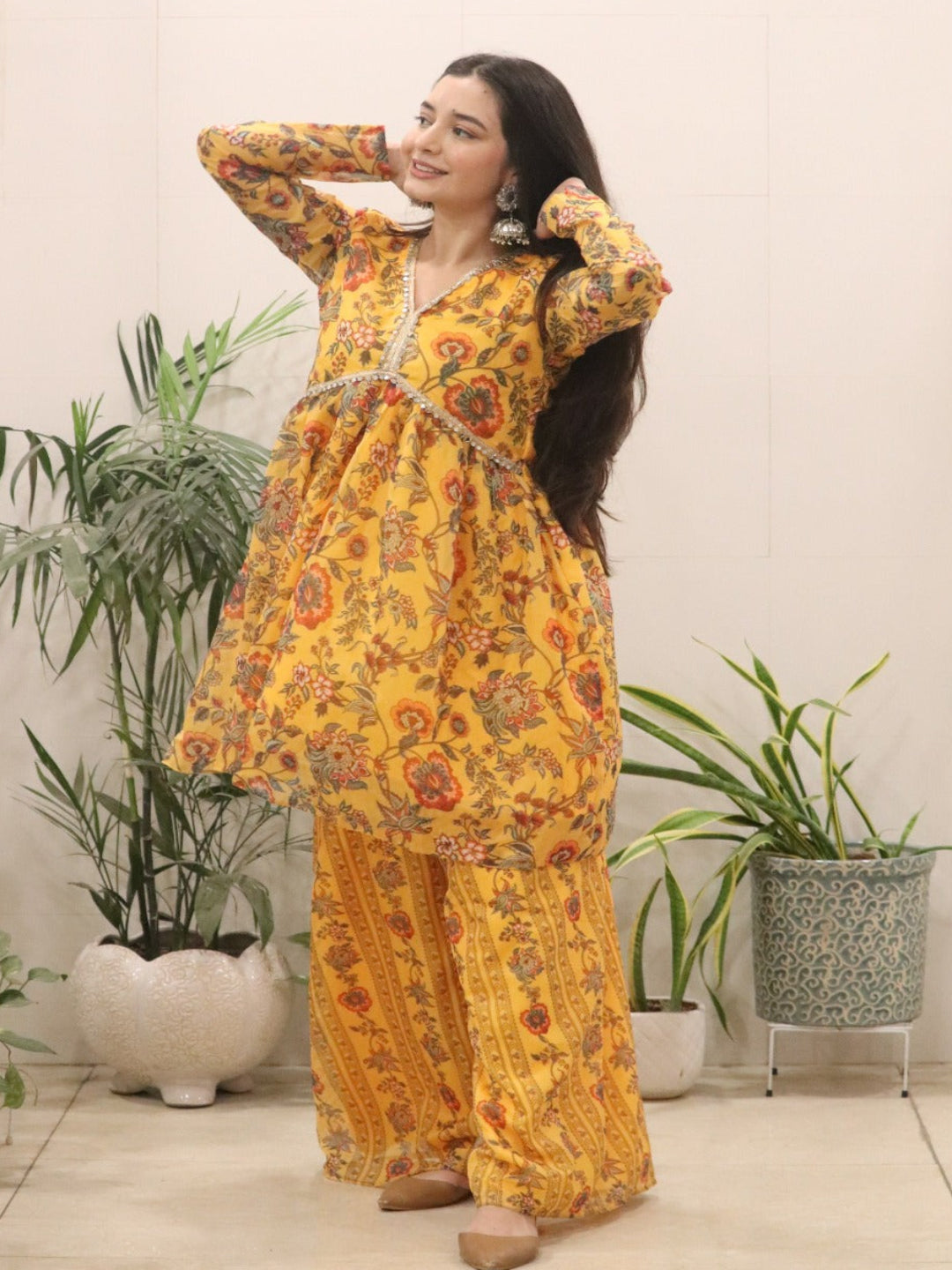 RE Women’s Mustard Yellow Floral Organza Silk Flared Kurti & Palazzo Set (2-Piece)