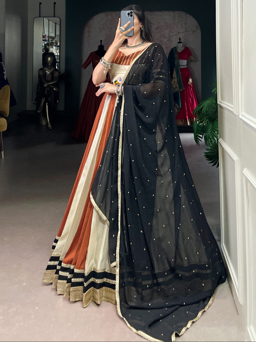 ES Designer Chinon Lehenga Set with Mirror & Embroidery Work -Stitched