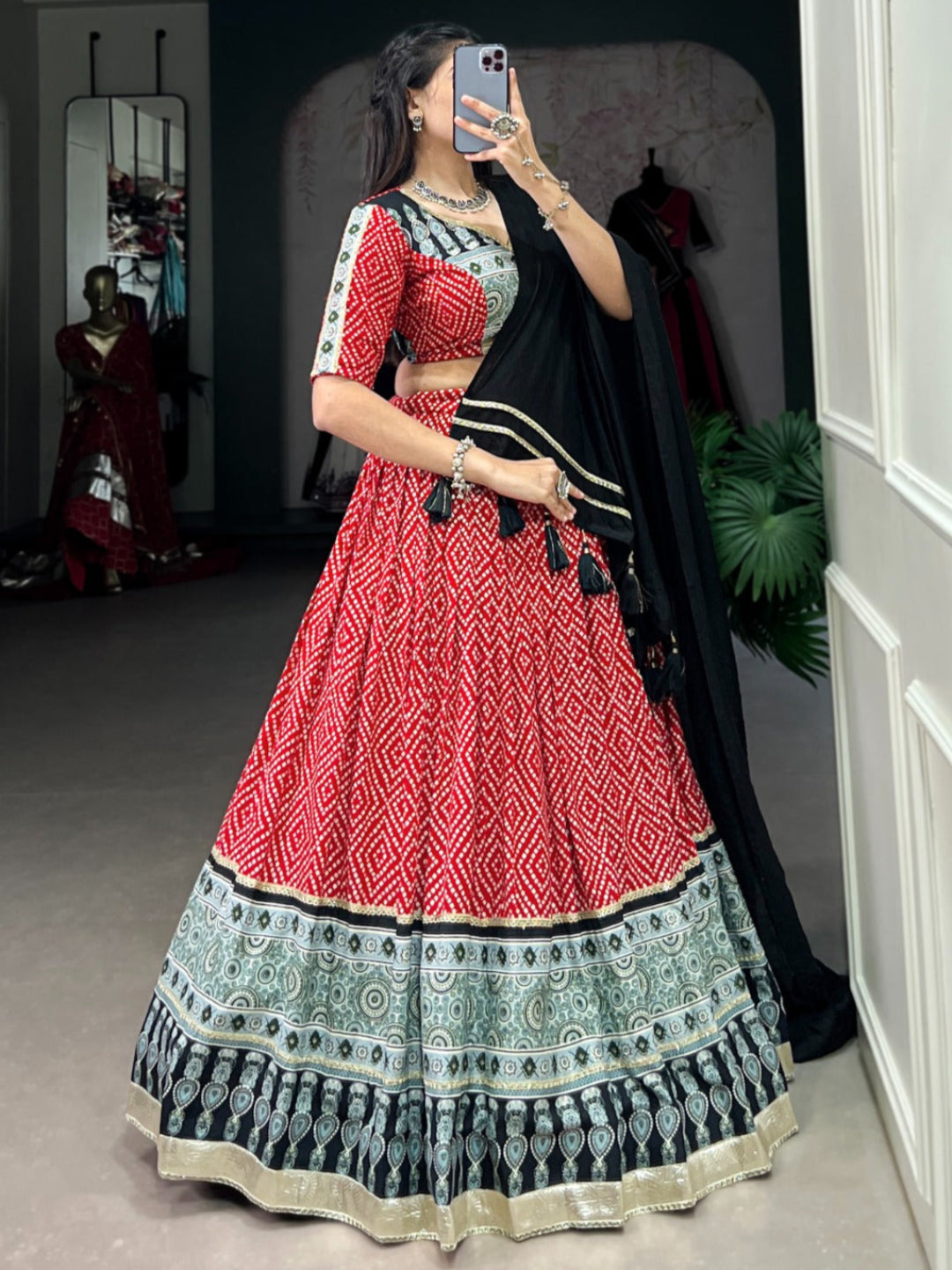 ES Ethnic Rayon Bandhej & Ajarakh Printed Lehenga Set - Stitched
