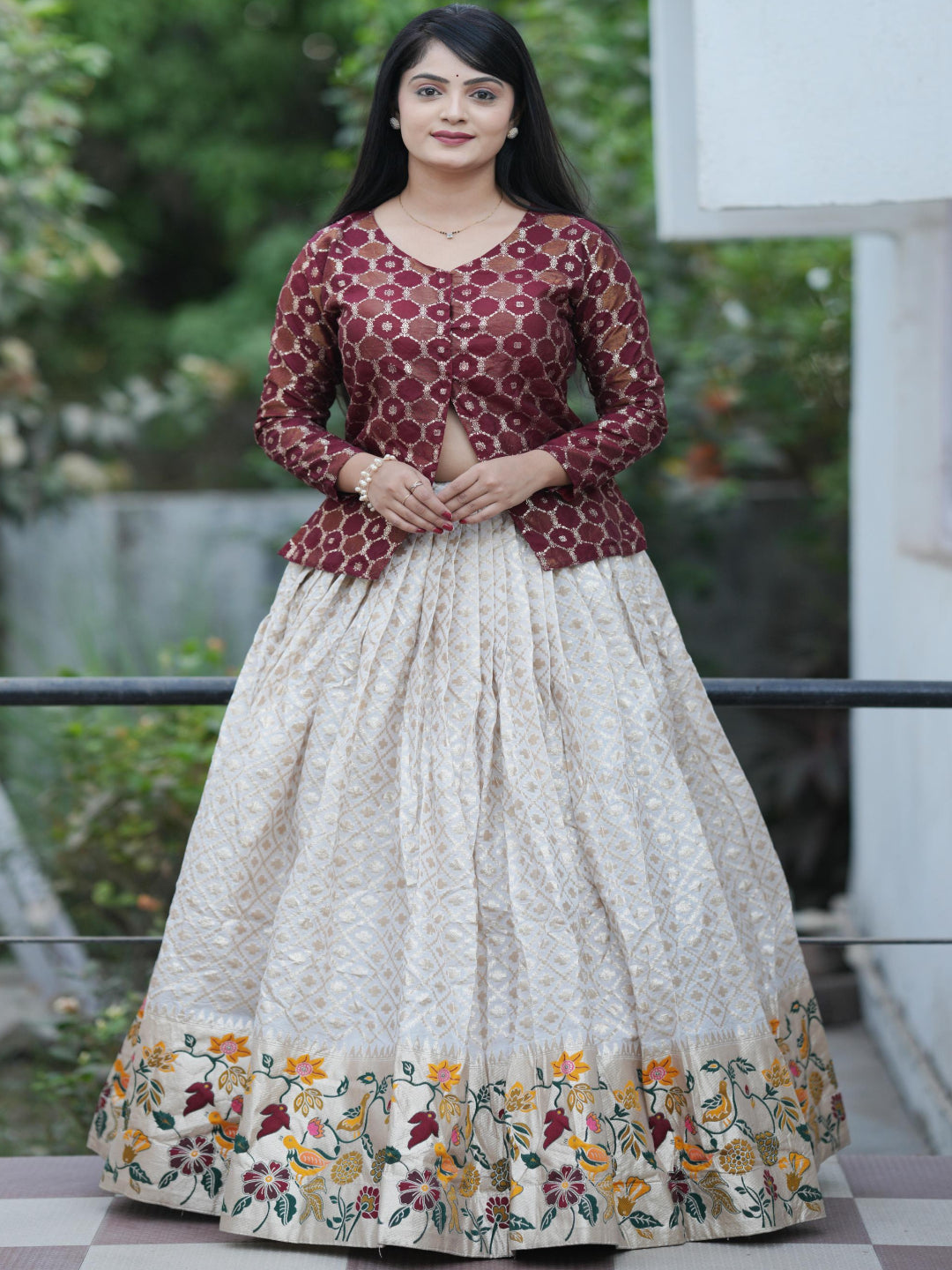 ES Fully stitched Jacquard Silk Lehenga with Paithani weaving, paired with Zari work Koti,