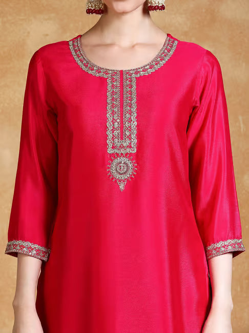 KF Women Zari Embroidered Yoke Kurta With Sharara And Dupatta