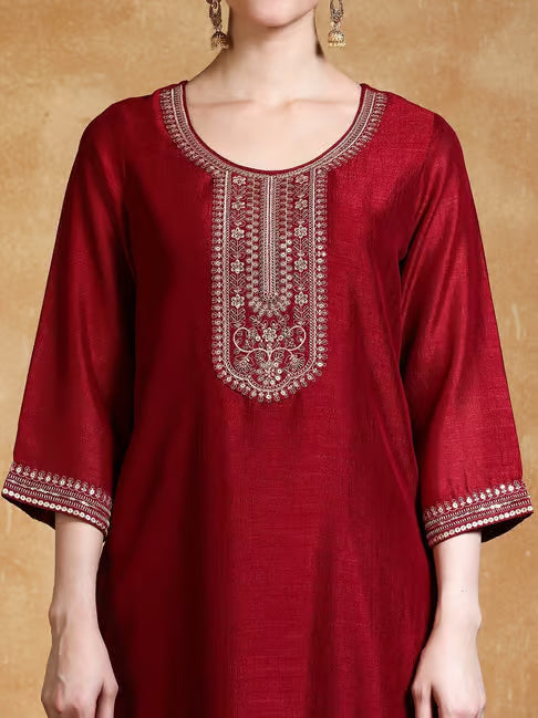 KF Women Zari & Sequin Embroidered Yoke Kurta With Trouser & Dupatta