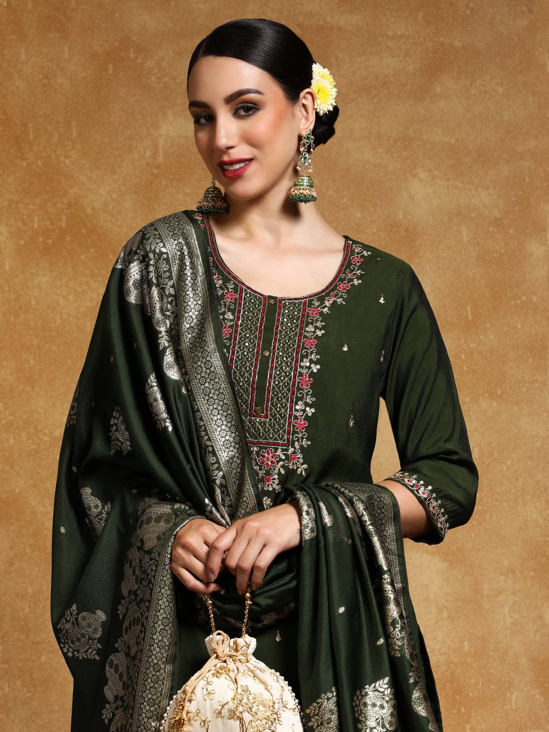 KF Zari Embroidered Yoke with All Over Floral Motif Buta Kurta with Trouser & Dupatta