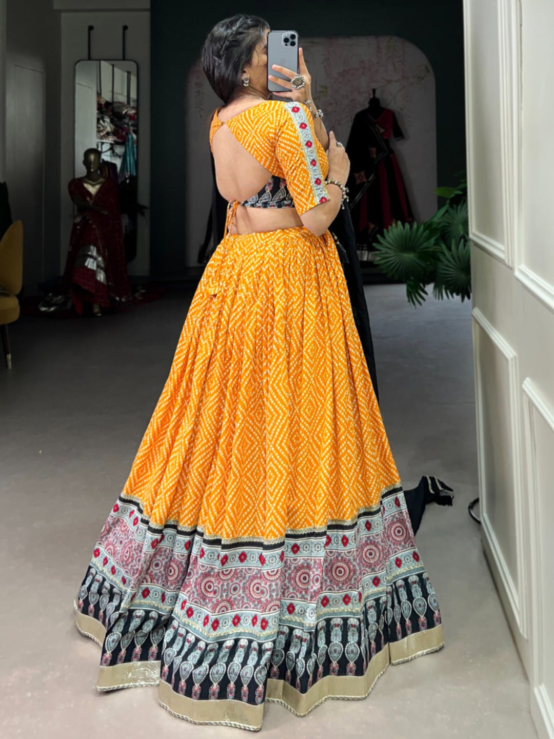 ES Ethnic Rayon Bandhej & Ajarakh Printed Lehenga Set - Stitched