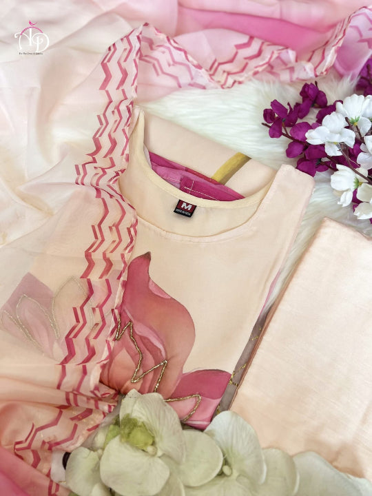 ES Elegant Heavy Orgenza Suit Set with Hand Work - Top, Bottom & Dupatta