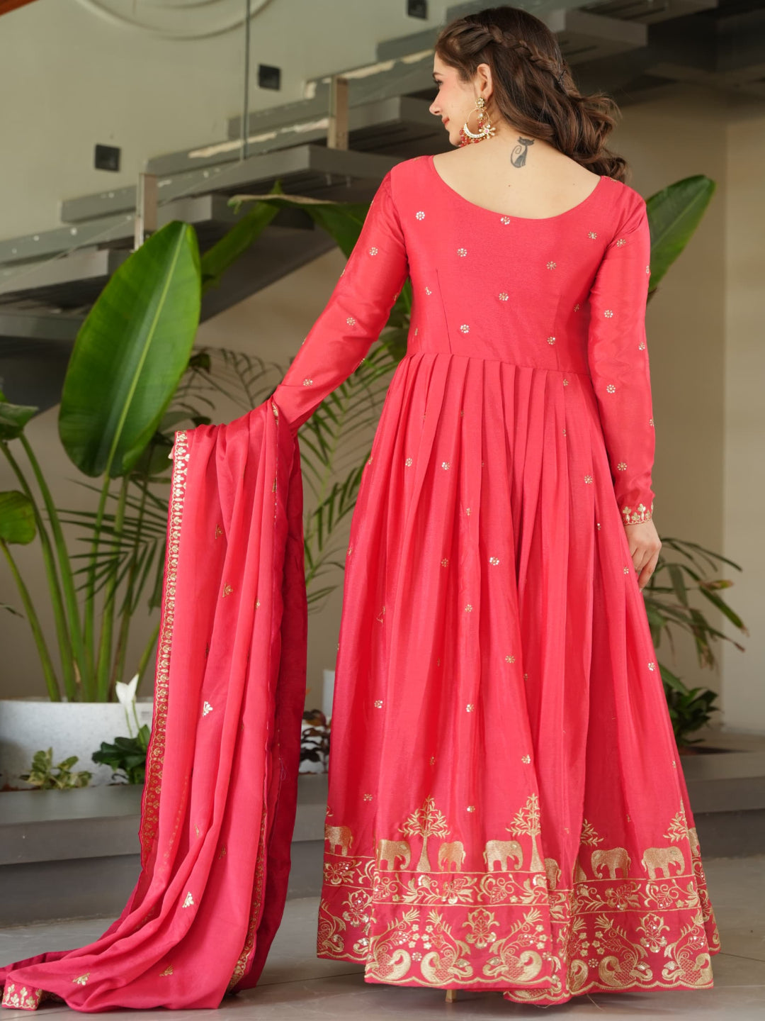 ES Designer Gown Chinnon Fabric With Embroidery, Zari & Sequin Work