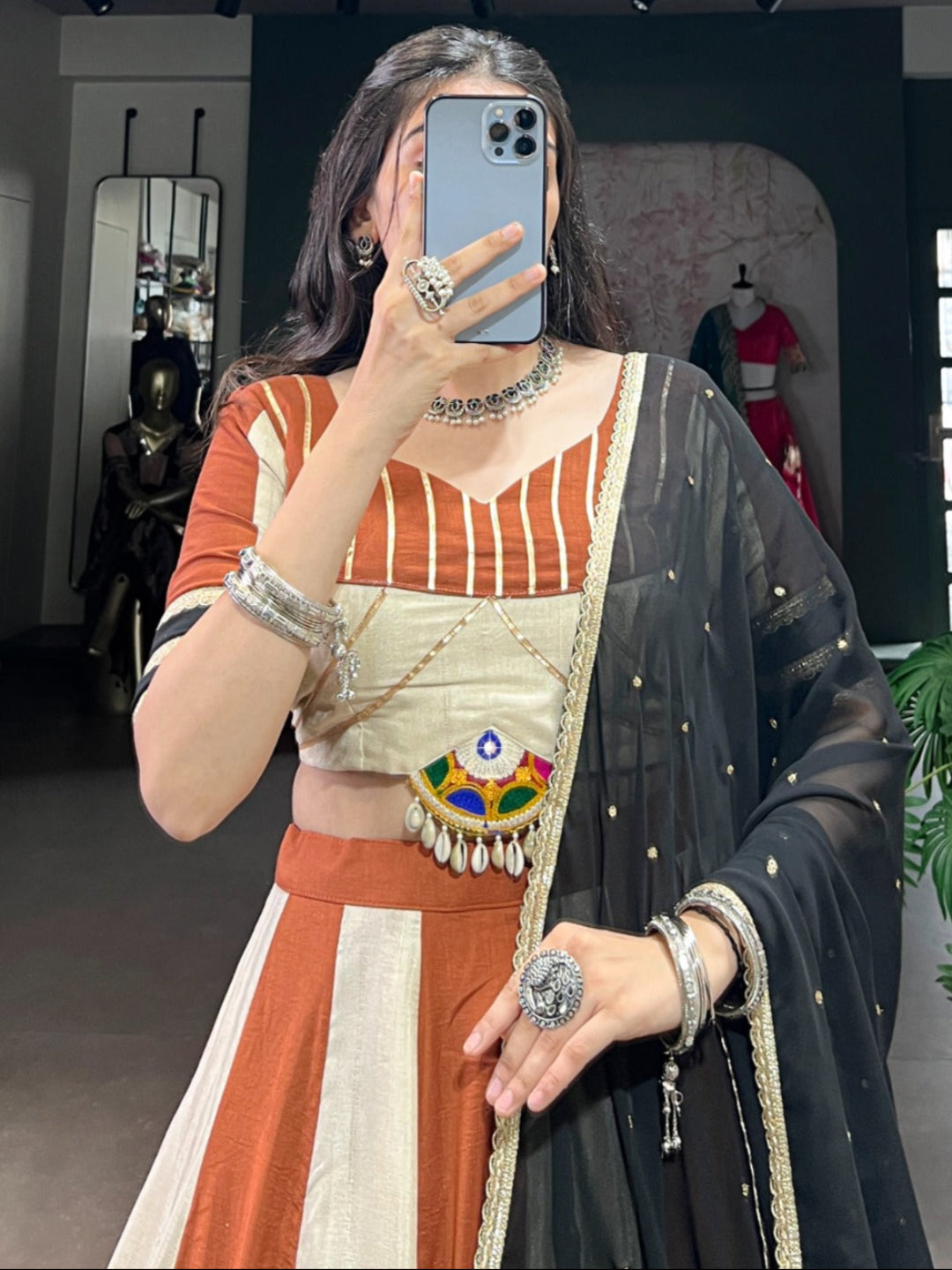 ES Designer Chinon Lehenga Set with Mirror & Embroidery Work -Stitched