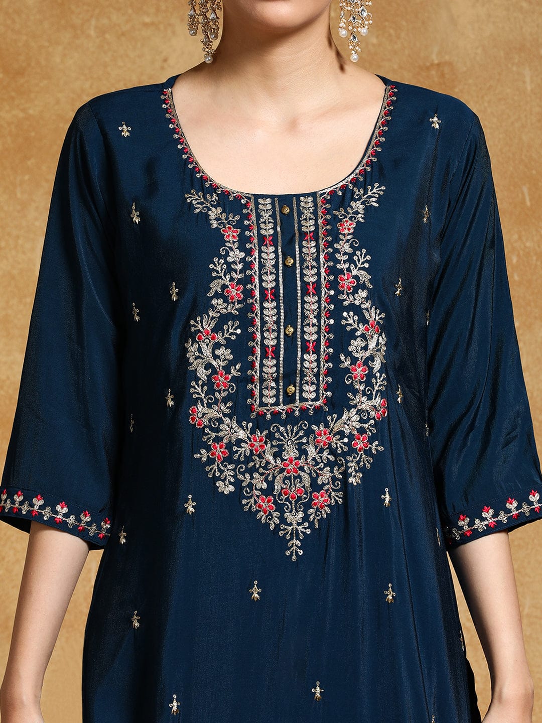 KF Zari Embroidered Yoke with All Over Floral Motif Buta Kurta with Trouser & Dupatta