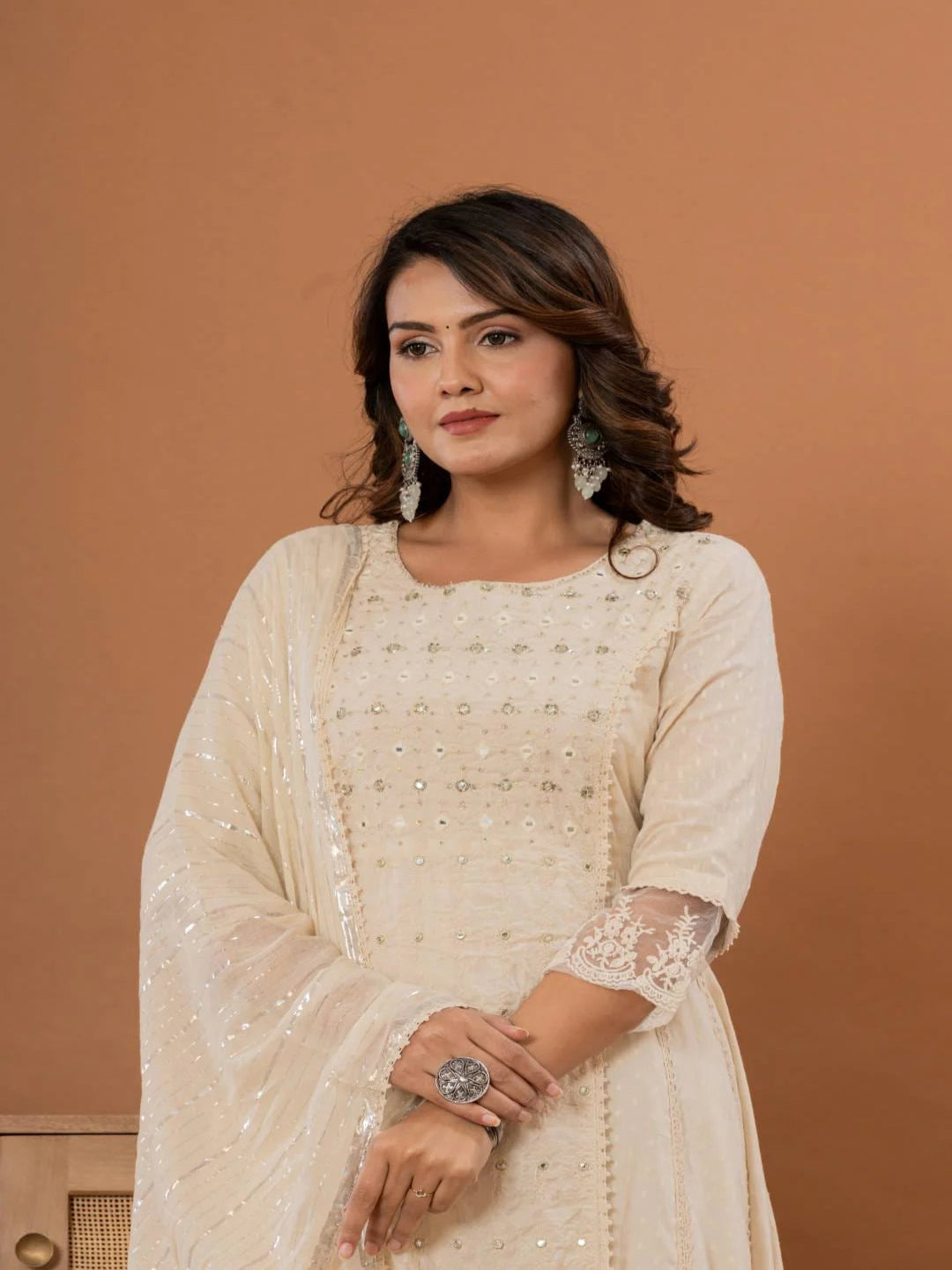 KF Women Embroidered Panelled Mirror Work Pure Cotton Kurta with Trousers & Dupatta