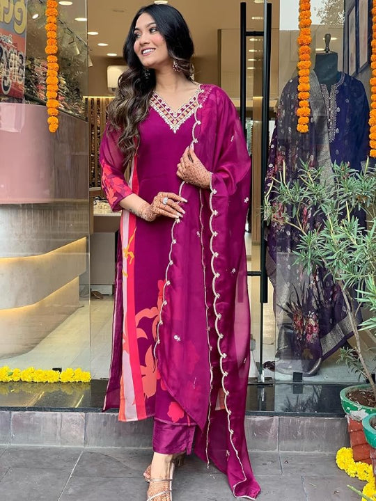 Women Viscose Kora Muslin silk Kurti Pant Dupatta Set -Red & Wine