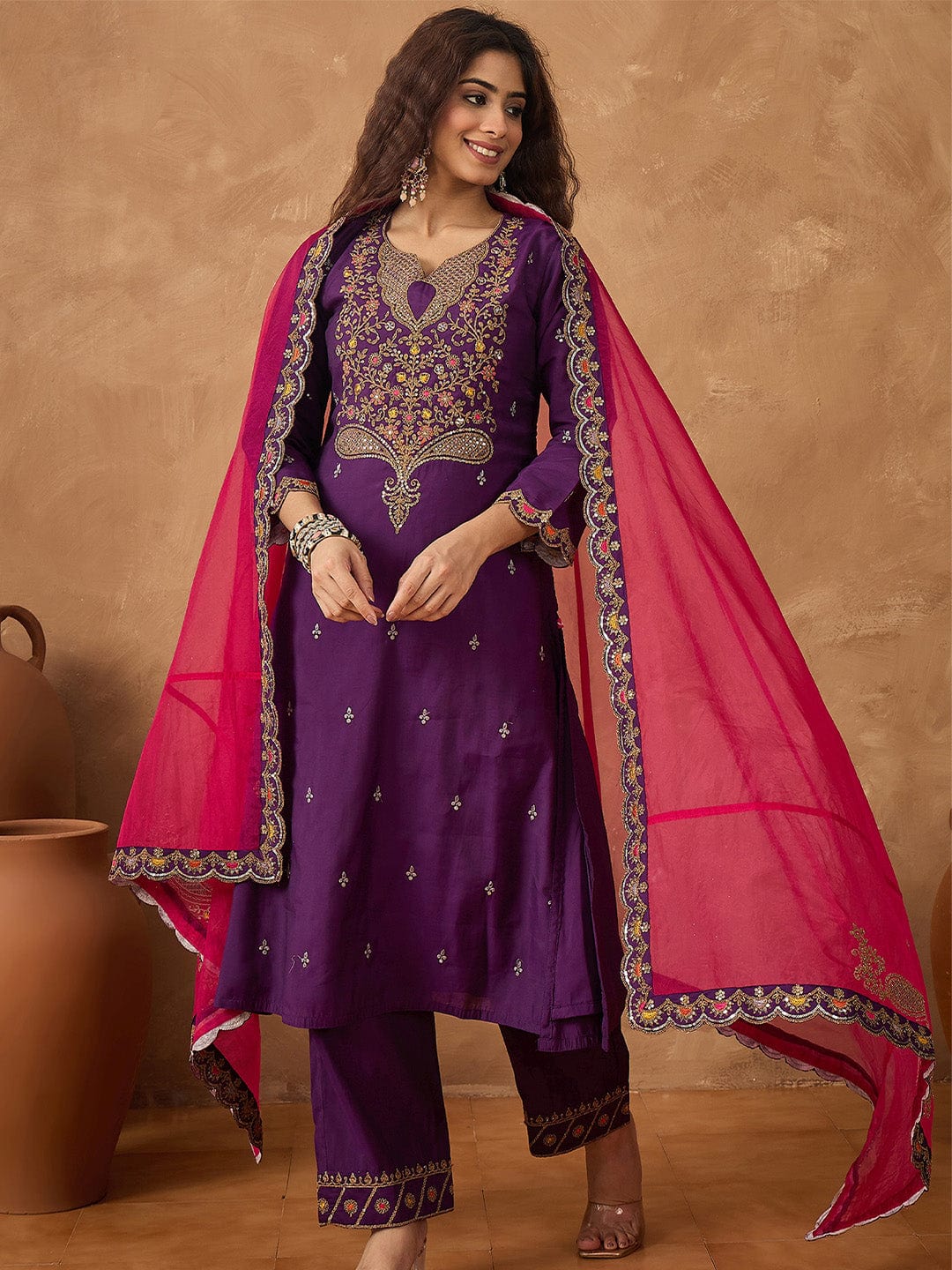 KF Zari Embroidered A line kurta With Trouser & contrast Dupatta