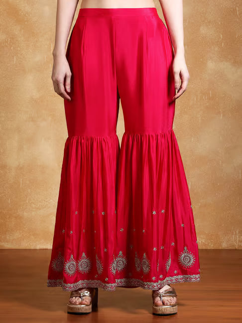 KF Women Zari Embroidered Yoke Kurta With Sharara And Dupatta