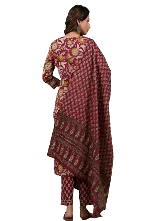 ICF Women Maroon Floral Cotton Kurti Set with Pant & Dupatta