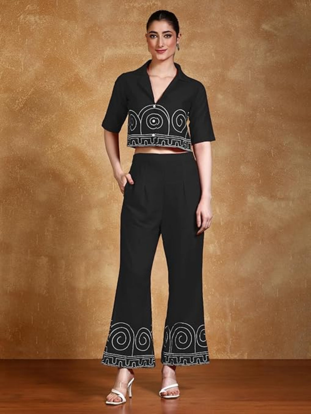KF Thread Embroidered Crop Shirt with Flared Palazzo