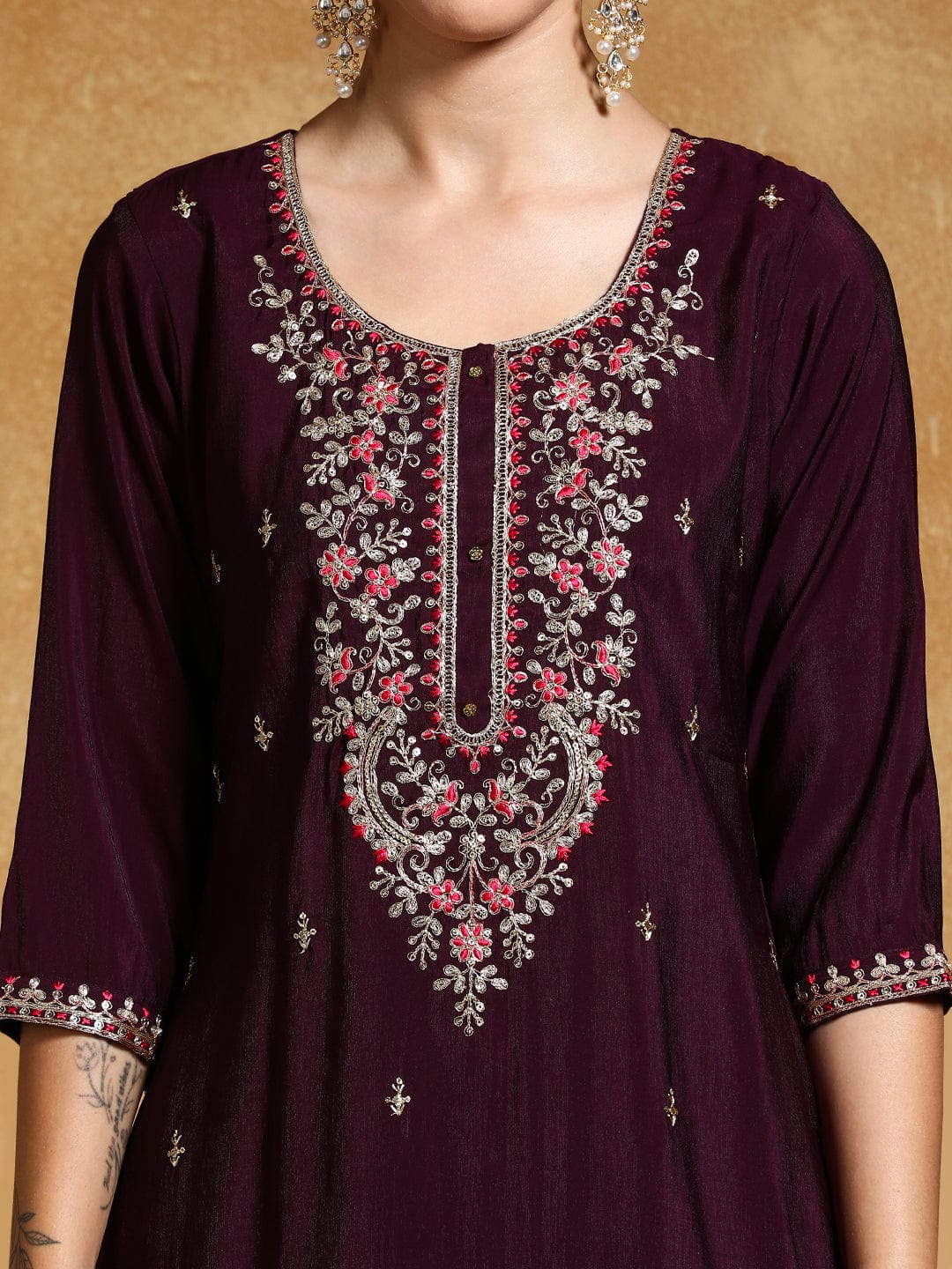 KF Zari Embroidered Yoke with All Over Floral Motif Buta Kurta with Trouser & Dupatta