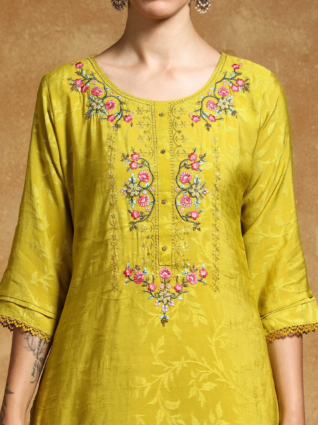 KF Floral Motif Thread Embroidered Yoke Kurta with Trouser & Dupatta