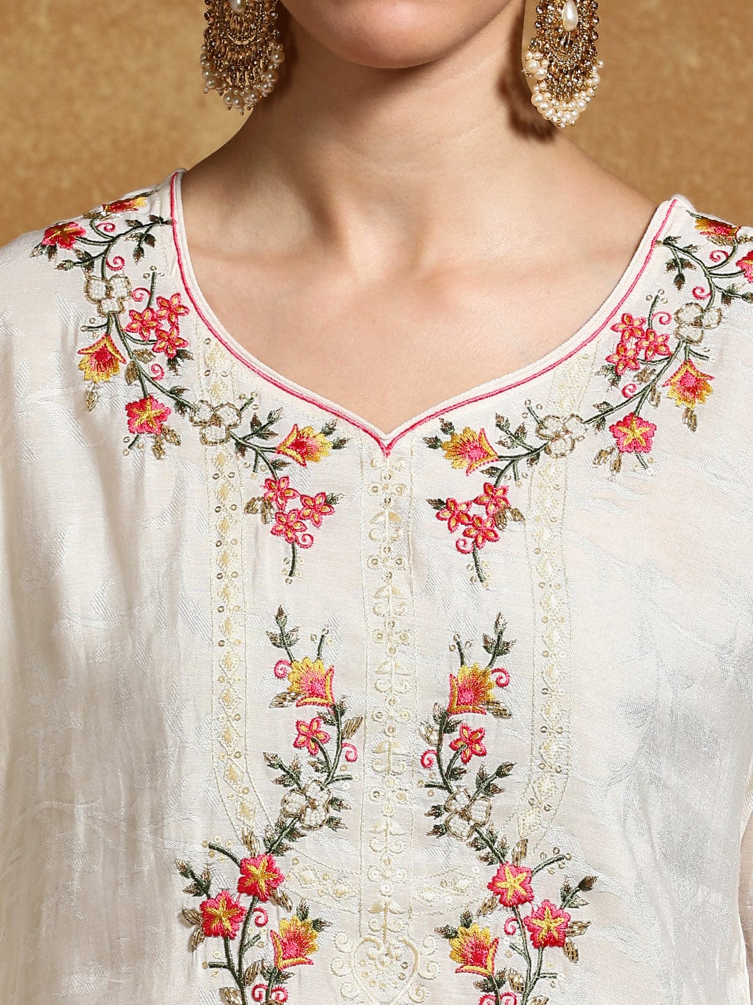 KF Floral Motif Thread Embroidered Yoke Kurta with Trouser & Dupatta