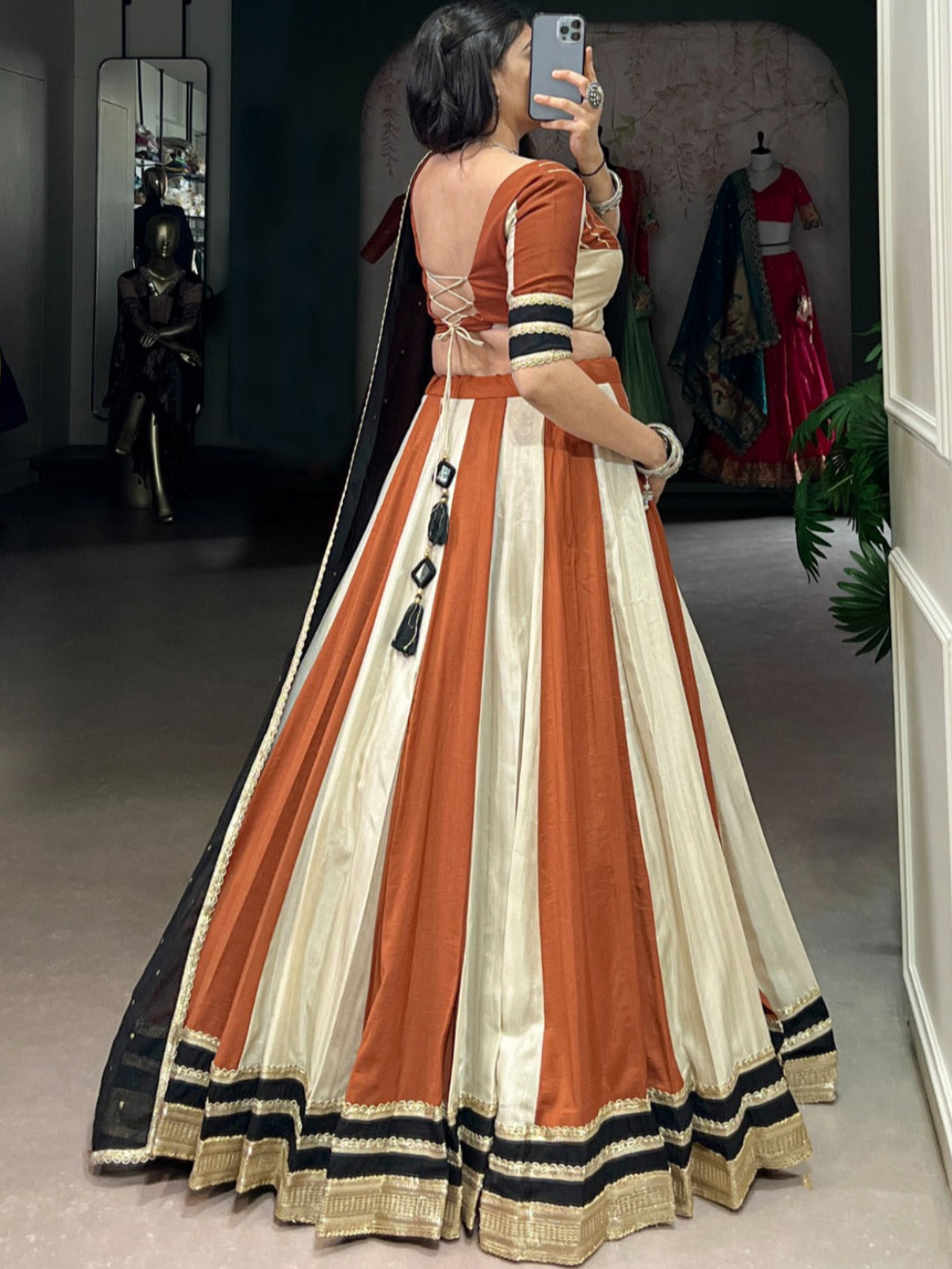 ES Designer Chinon Lehenga Set with Mirror & Embroidery Work -Stitched
