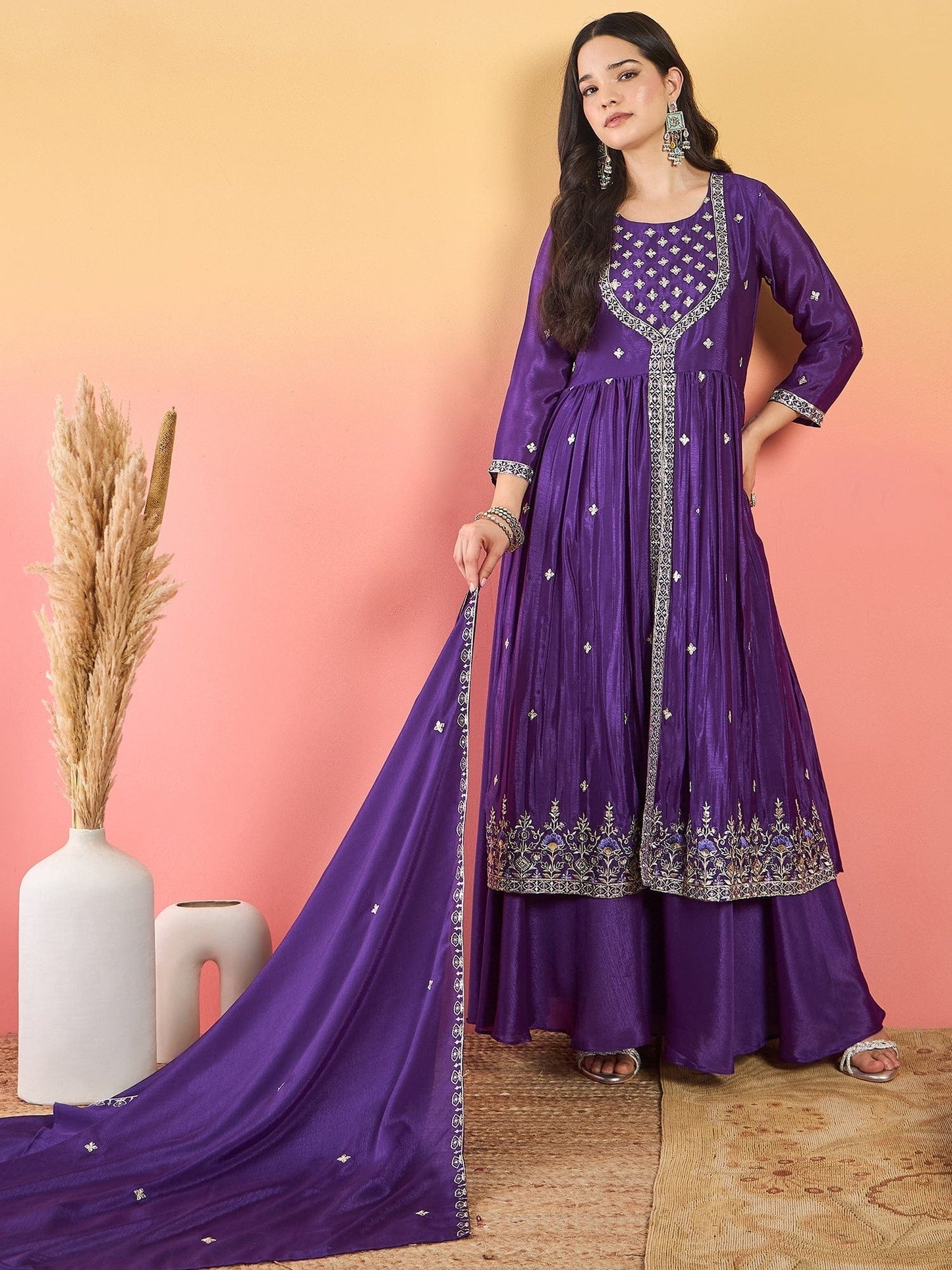 Varanga Women's Purple Silk Blend Yoke Design Kurta with Sharara and Embroidered Dupatta