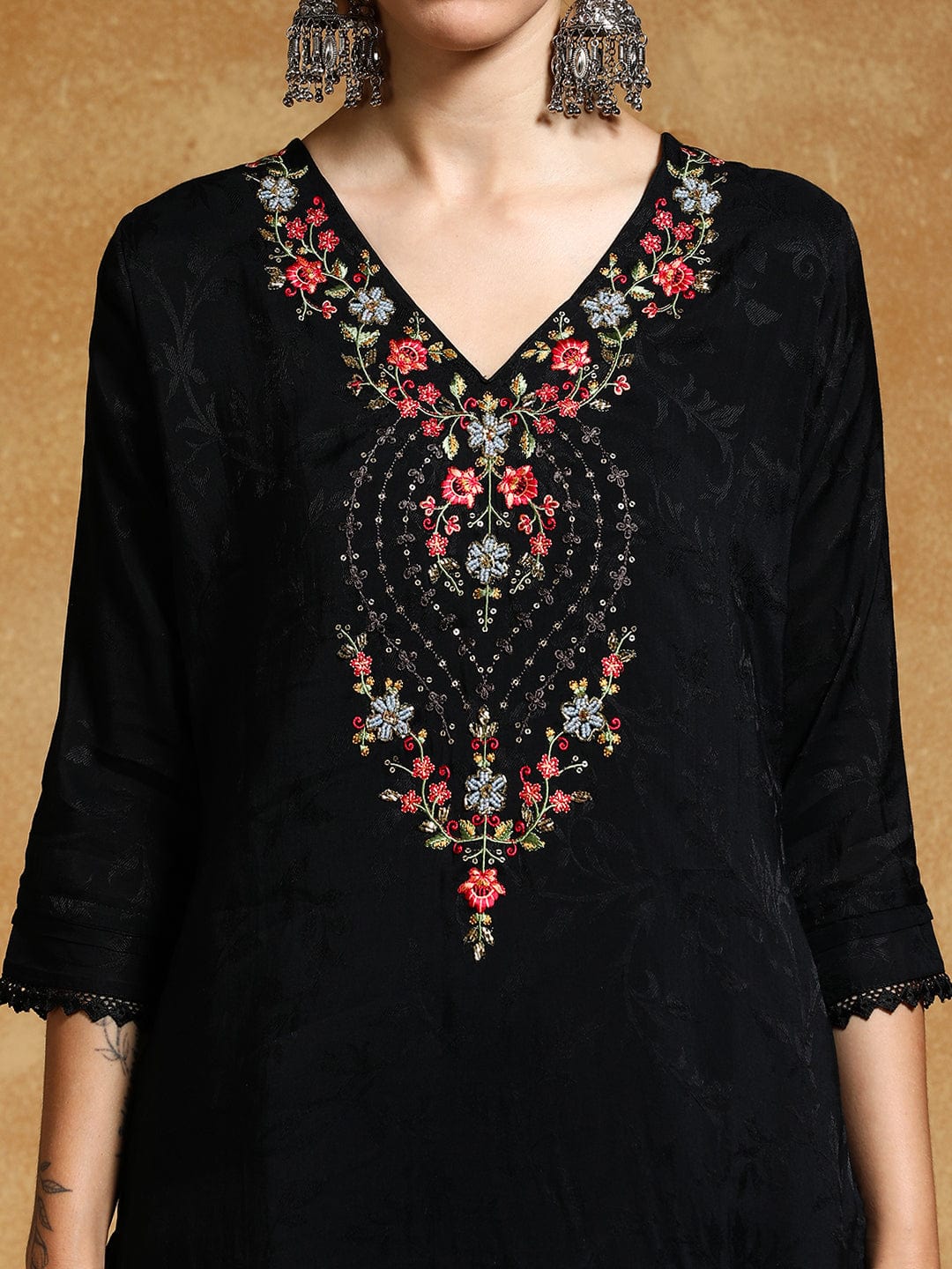 KF Floral Motif Thread Embroidered Yoke Kurta with Trouser & Dupatta