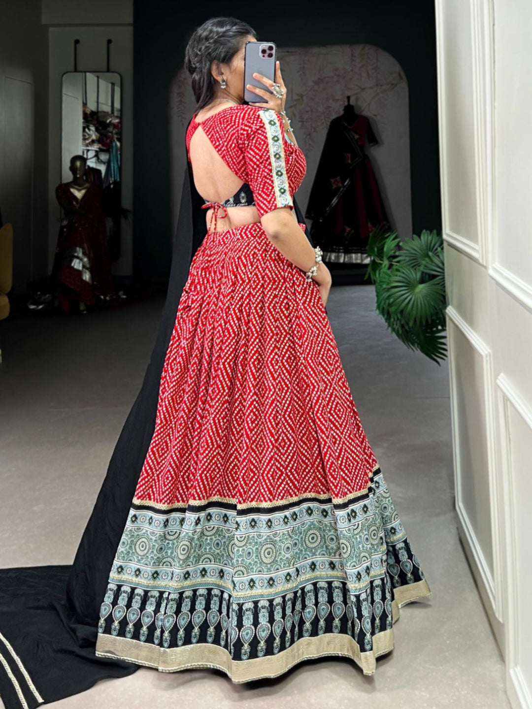 ES Ethnic Rayon Bandhej & Ajarakh Printed Lehenga Set - Stitched