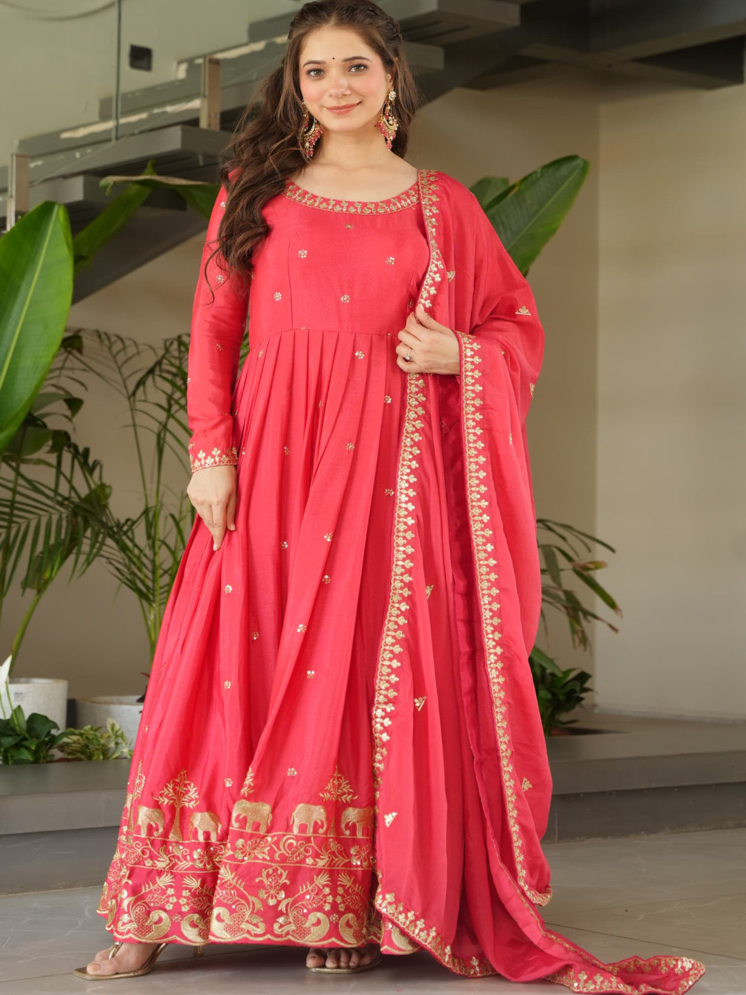 ES Designer Gown Chinnon Fabric With Embroidery, Zari & Sequin Work