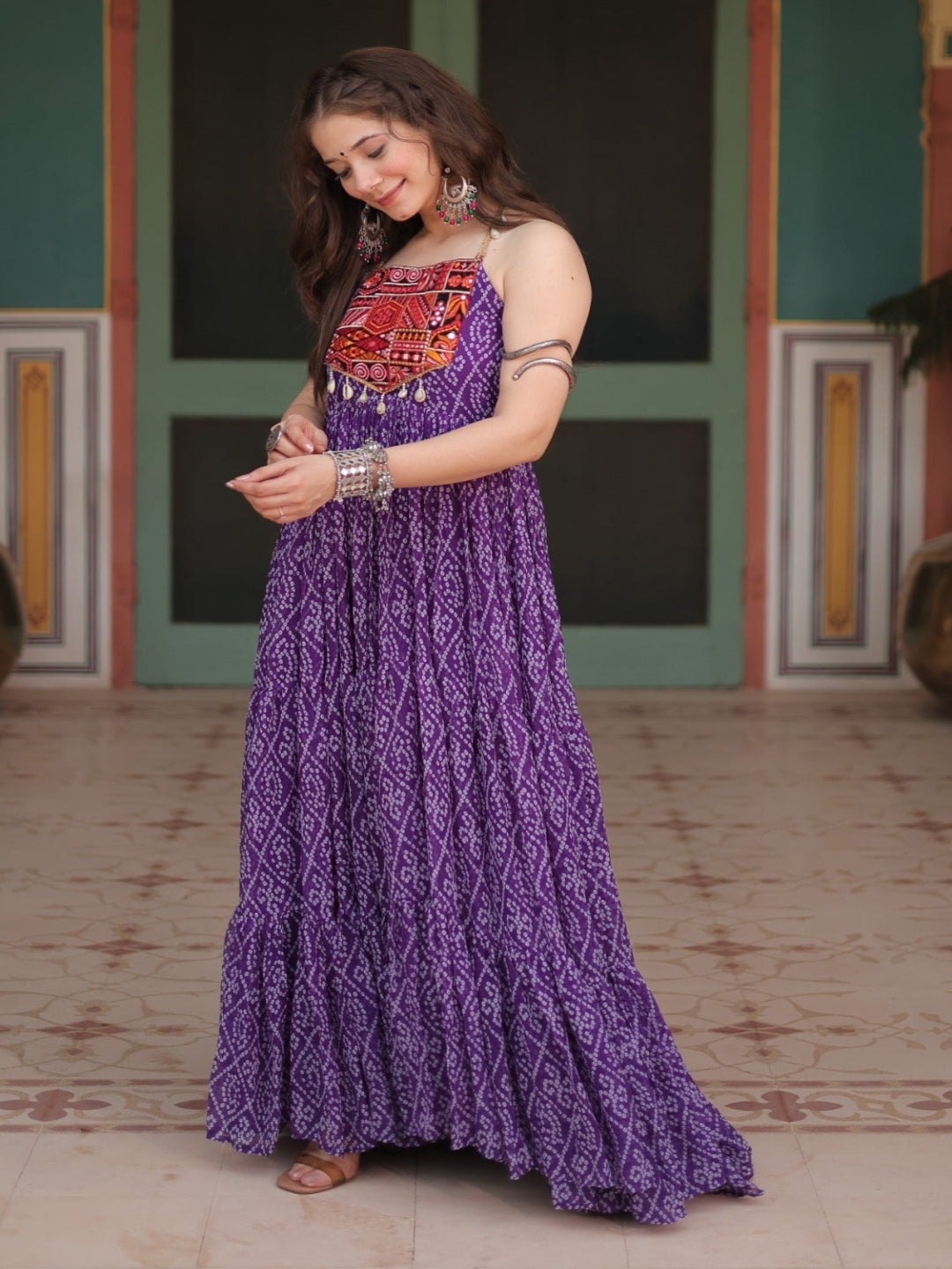ES Bandhani Printed Sleeveless Gown with kutchi patchework in Faux Georgette.