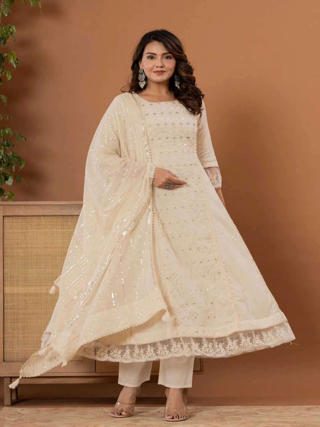 KF Women Embroidered Panelled Mirror Work Pure Cotton Kurta with Trousers & Dupatta