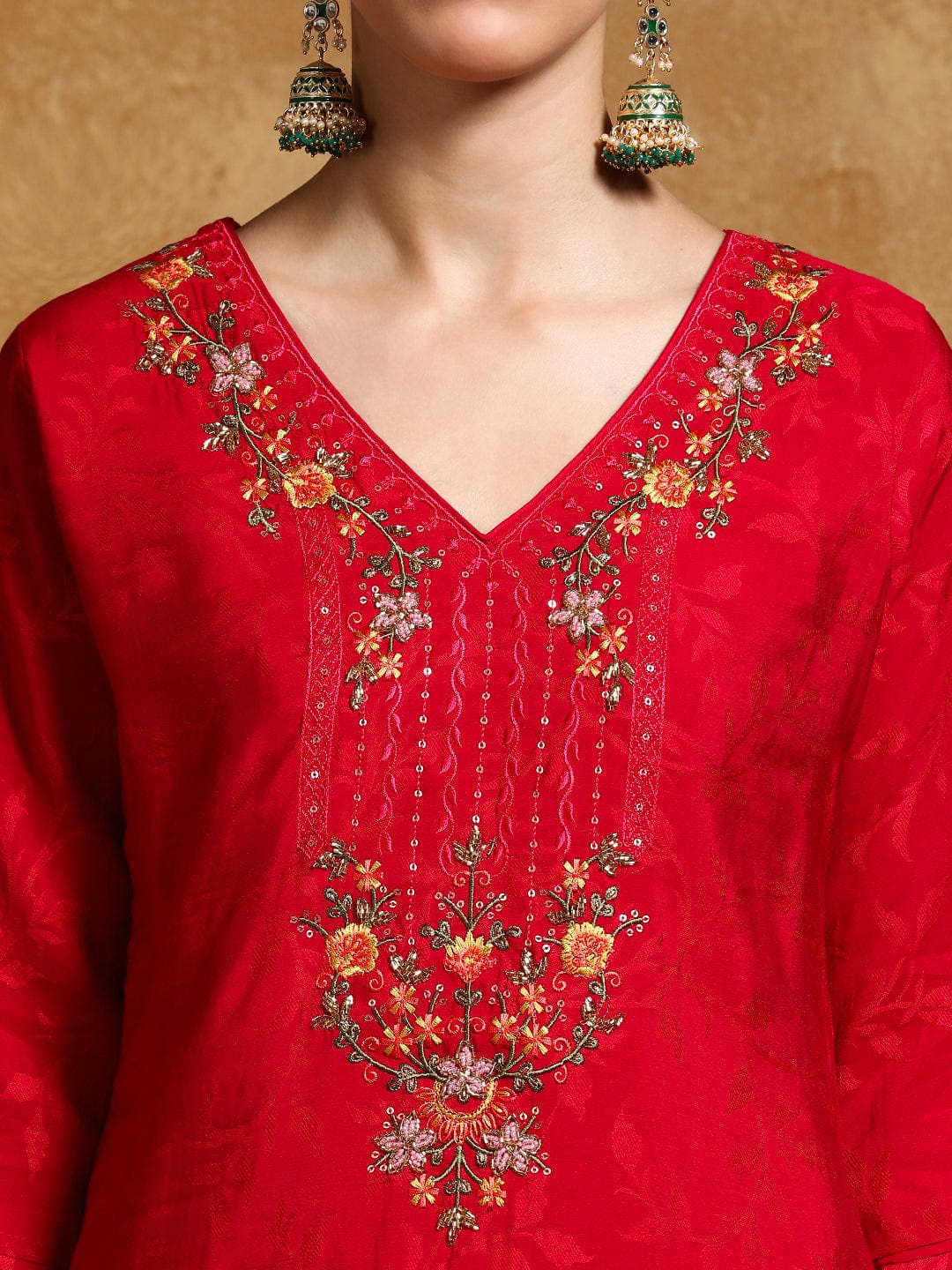 KF Floral Motif Thread Embroidered Yoke Kurta with Trouser & Dupatta