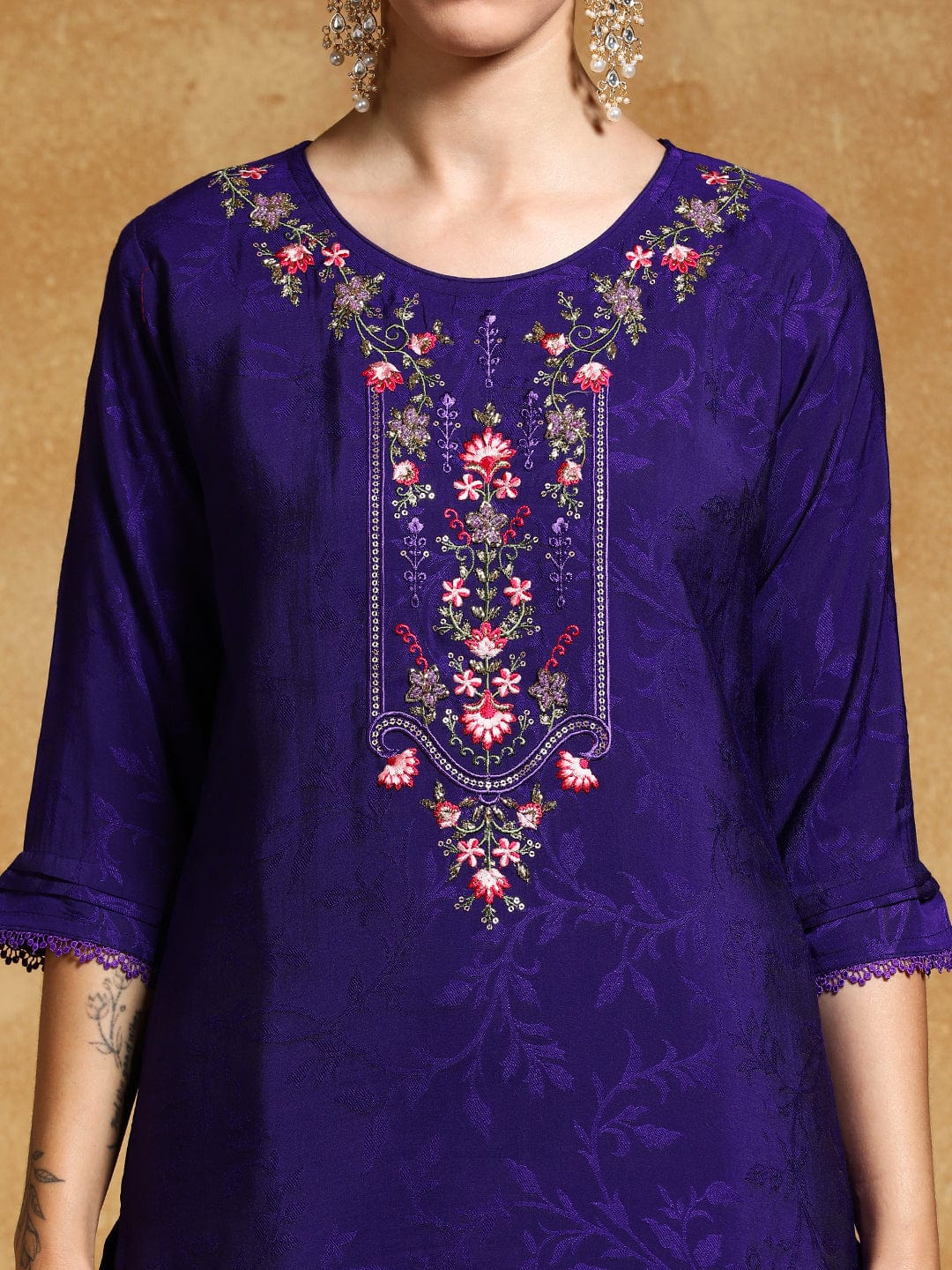 KF Floral Motif Thread Embroidered Yoke Kurta with Trouser & Dupatta