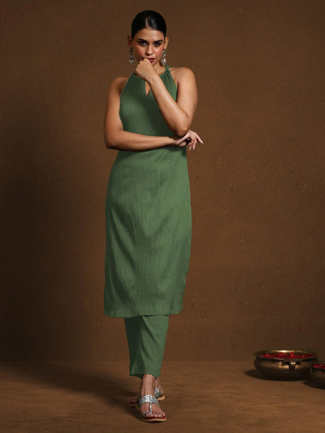 KF Green Poly Crepe Sleeveless Solid Halter Neck Kurta Set