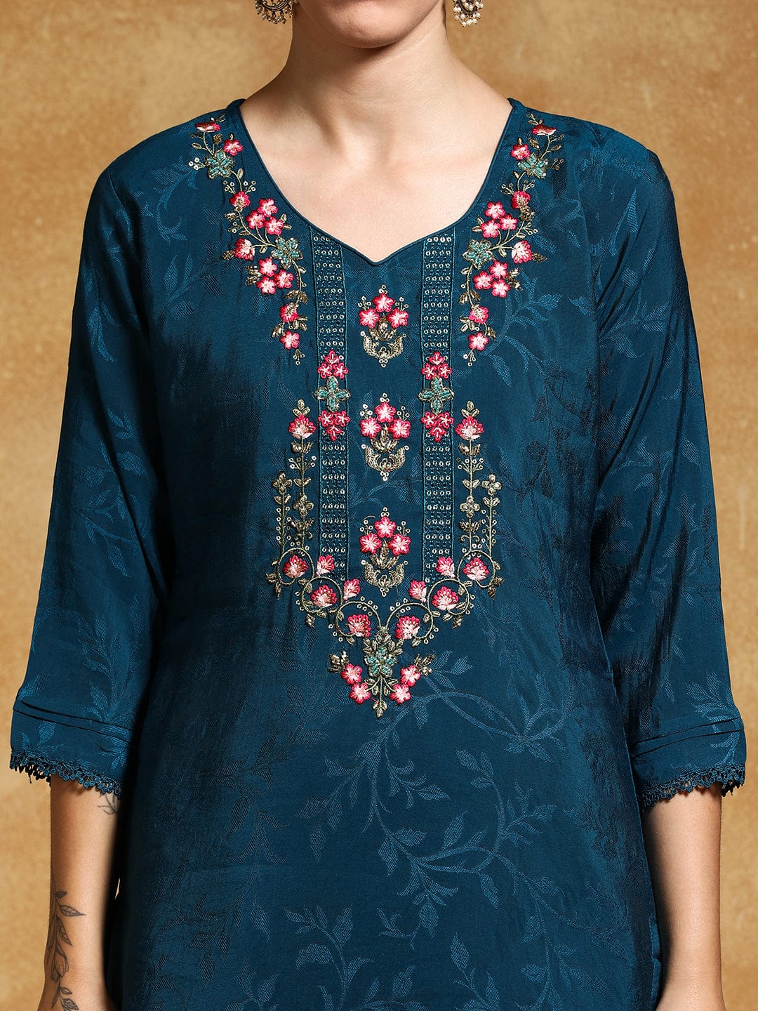 KF Floral Motif Thread Embroidered Yoke Kurta with Trouser & Dupatta