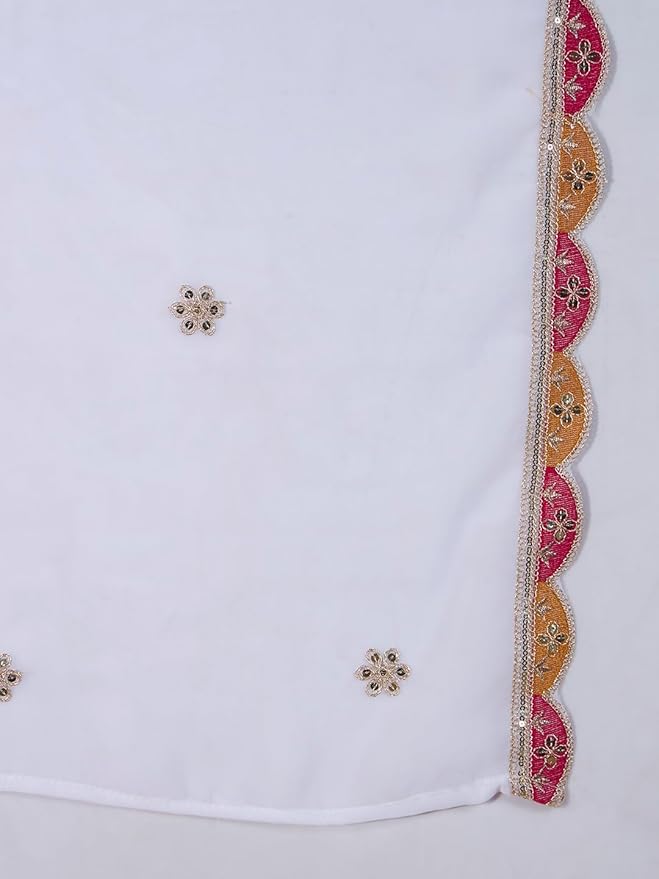 ICF Women’s White Vertigan Embroidered Kurta Set with Georgette Dupatta