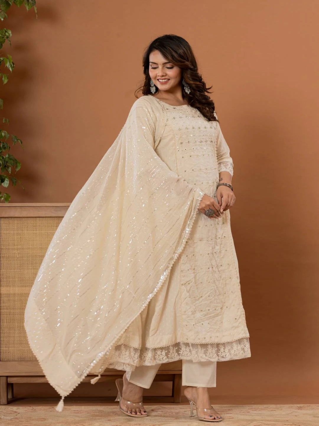KF Women Embroidered Panelled Mirror Work Pure Cotton Kurta with Trousers & Dupatta