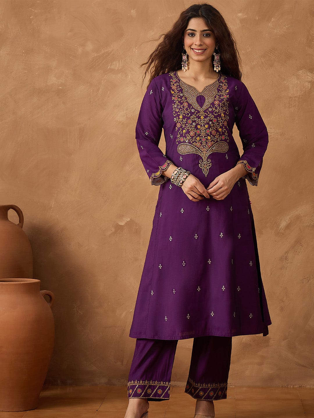 KF Zari Embroidered A line kurta With Trouser & contrast Dupatta