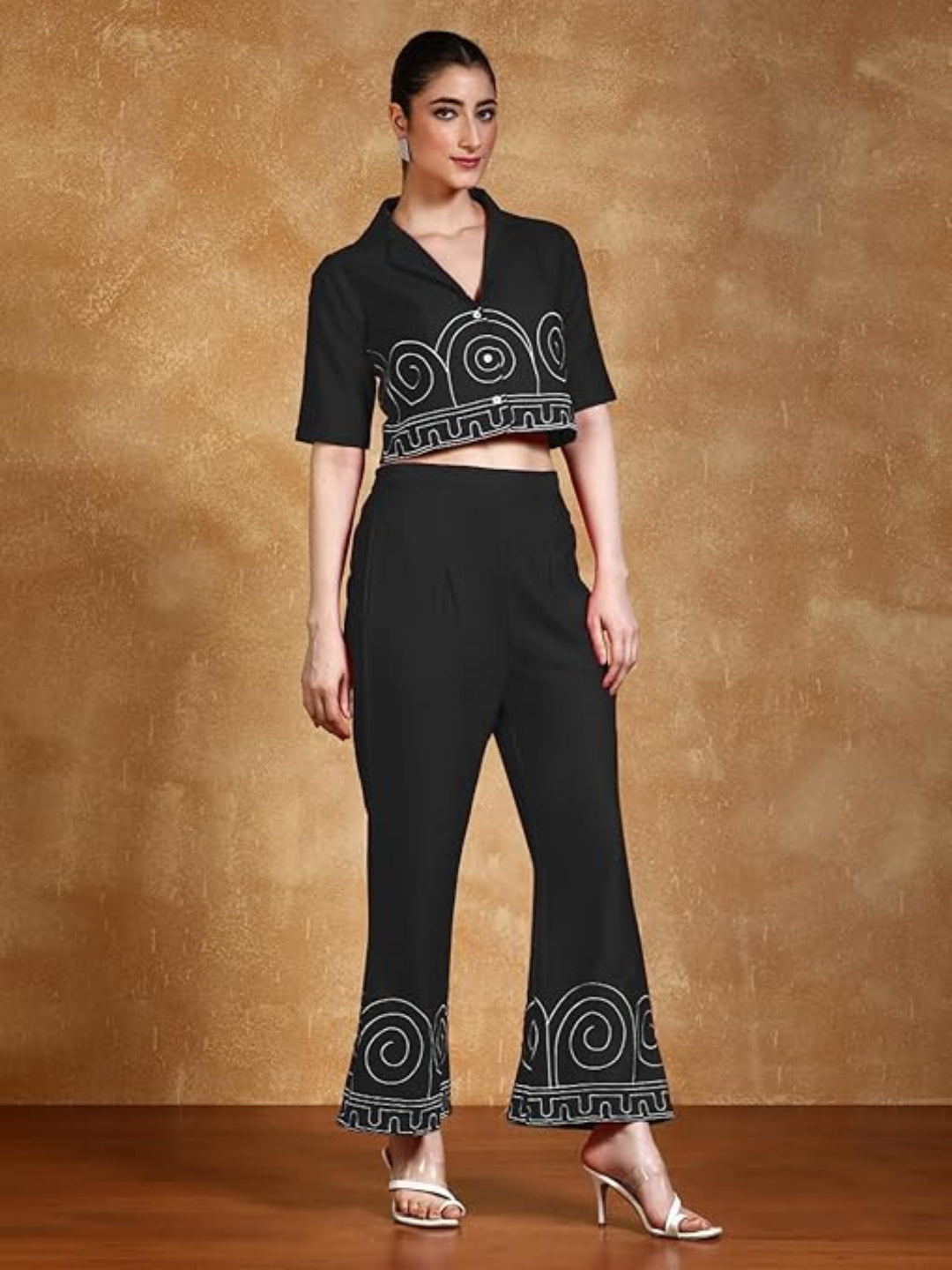 KF Thread Embroidered Crop Shirt with Flared Palazzo