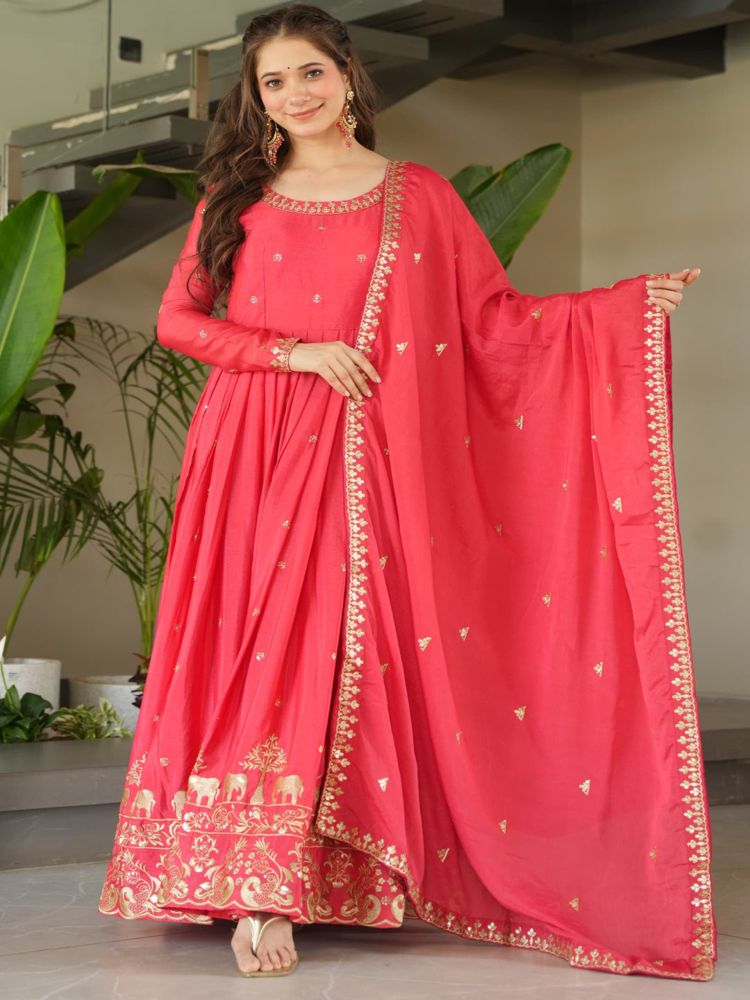 ES Designer Gown Chinnon Fabric With Embroidery, Zari & Sequin Work