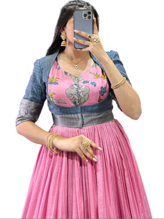 ES Women Dola Silk gowns Kalamkari Print With Zari Weaving Broder