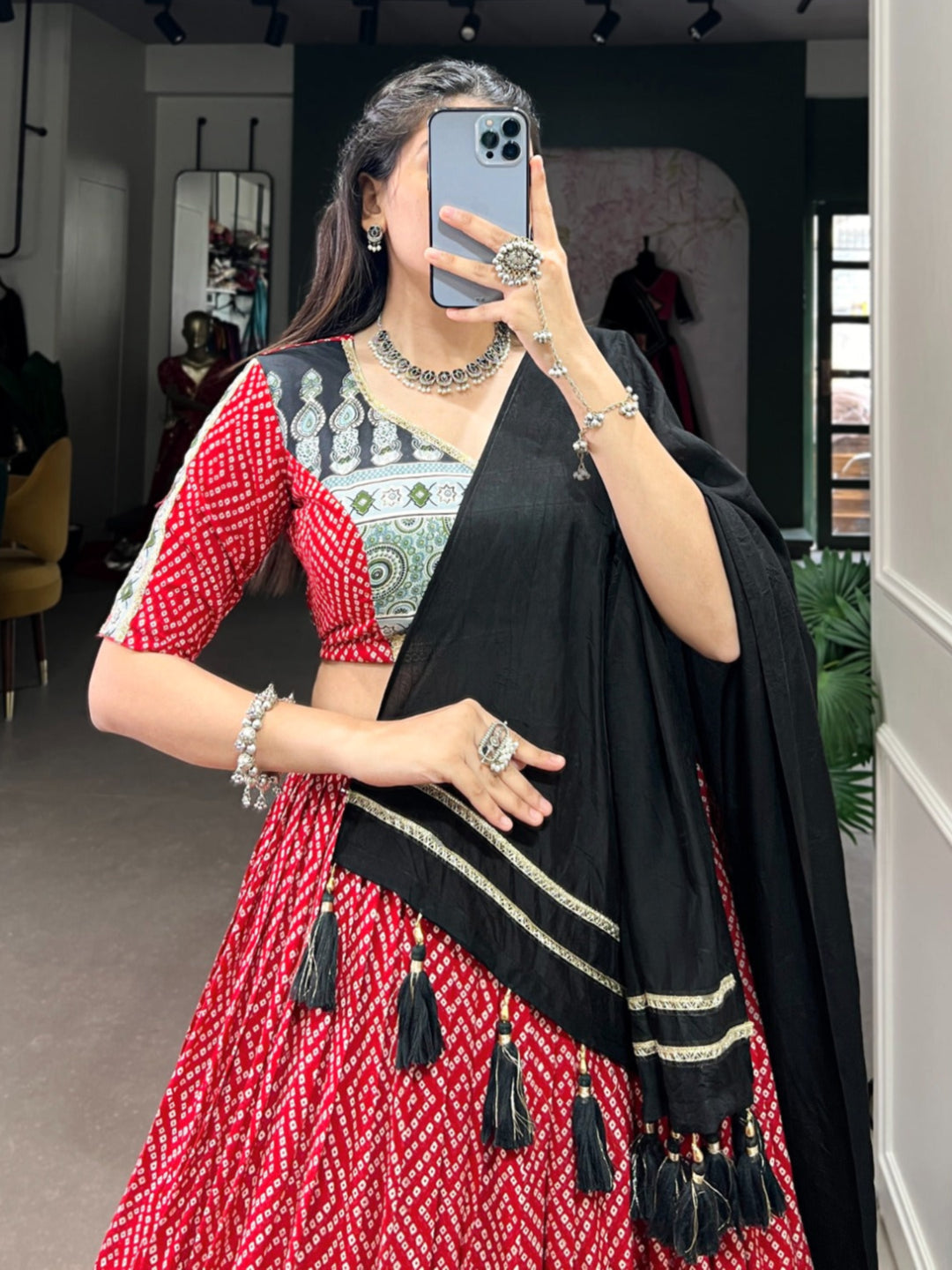 ES Ethnic Rayon Bandhej & Ajarakh Printed Lehenga Set - Stitched