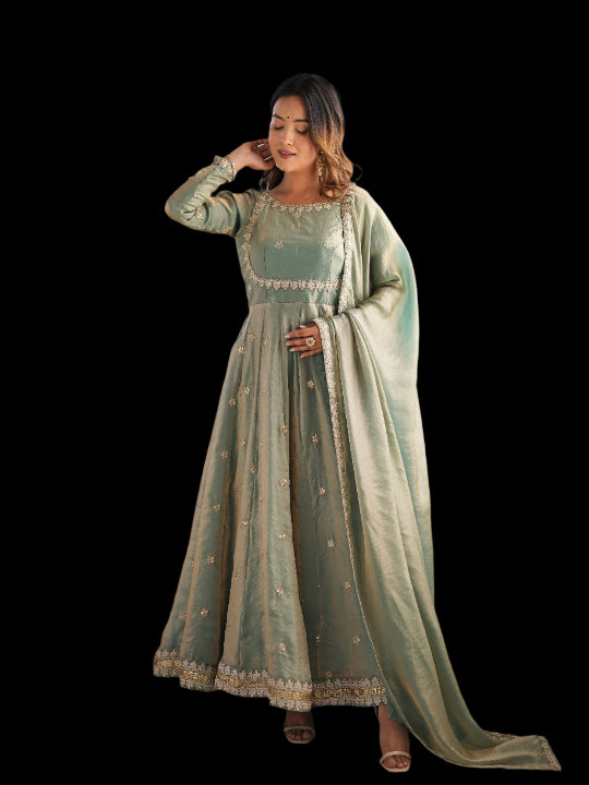 ES Fandy Silk Gown with Pant & Dupatta & Coding Sequnce work