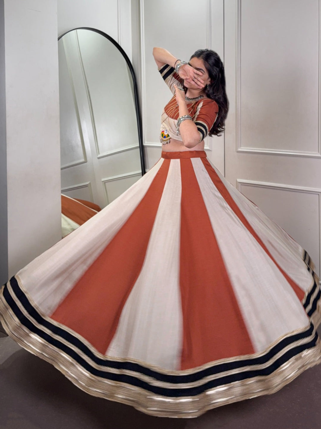 ES Designer Chinon Lehenga Set with Mirror & Embroidery Work -Stitched