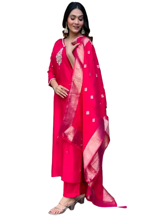ICF Women's Viscose (Rayon) Straight Embroidered Kurta with Pant & Dupatta