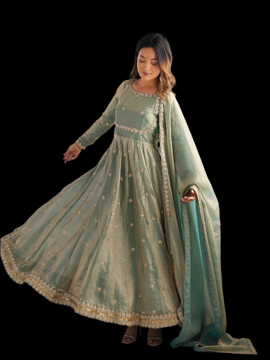 ES Fandy Silk Gown with Pant & Dupatta & Coding Sequnce work
