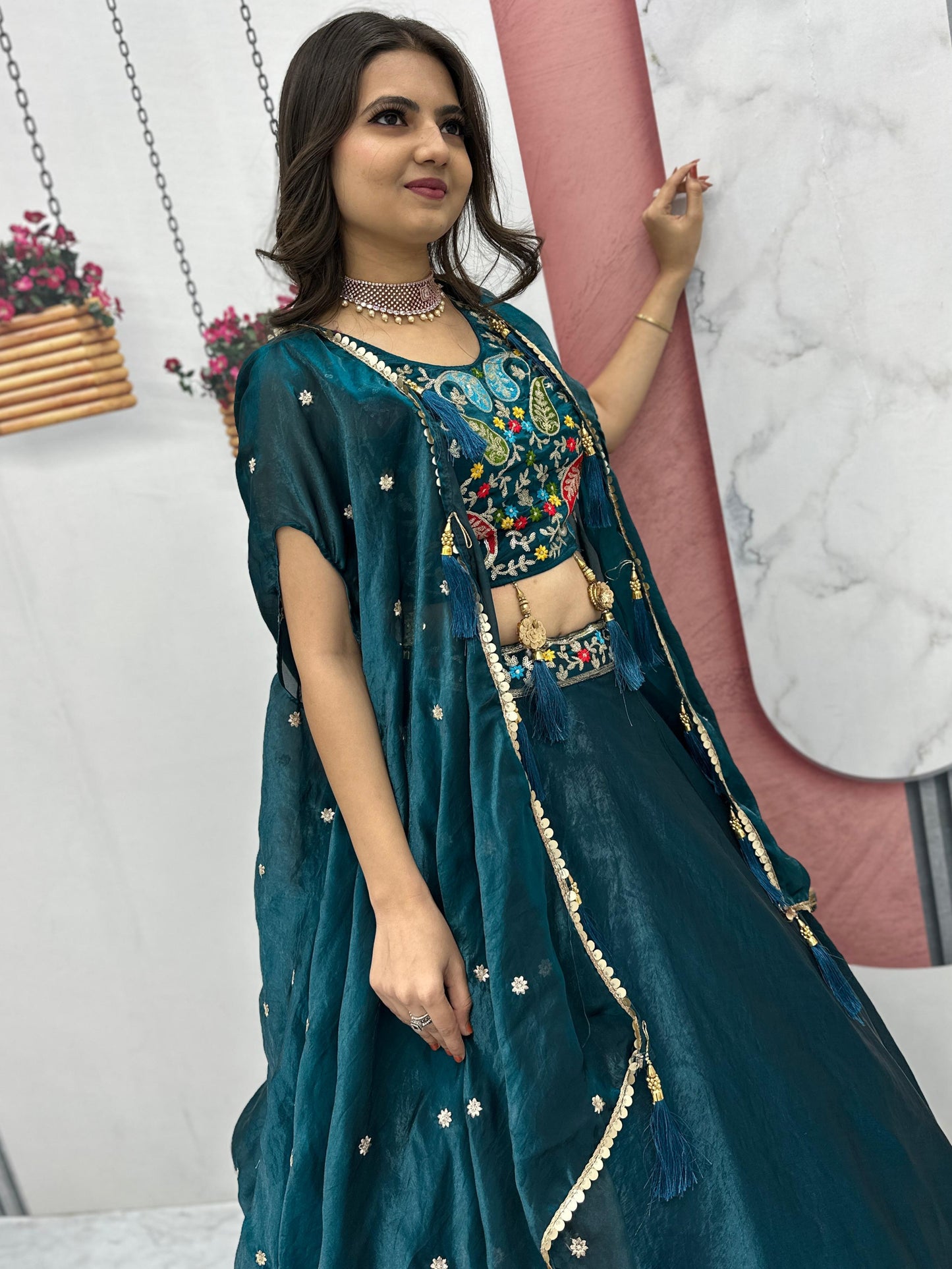ES Fendy Lehenga Choli set with heavy embroidery with Shrug style Dupatta